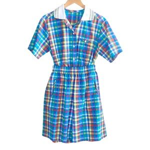 Vintage KORET Button Shirt & HW Short Set Pastel Plaid w/ Pique Collar Size M